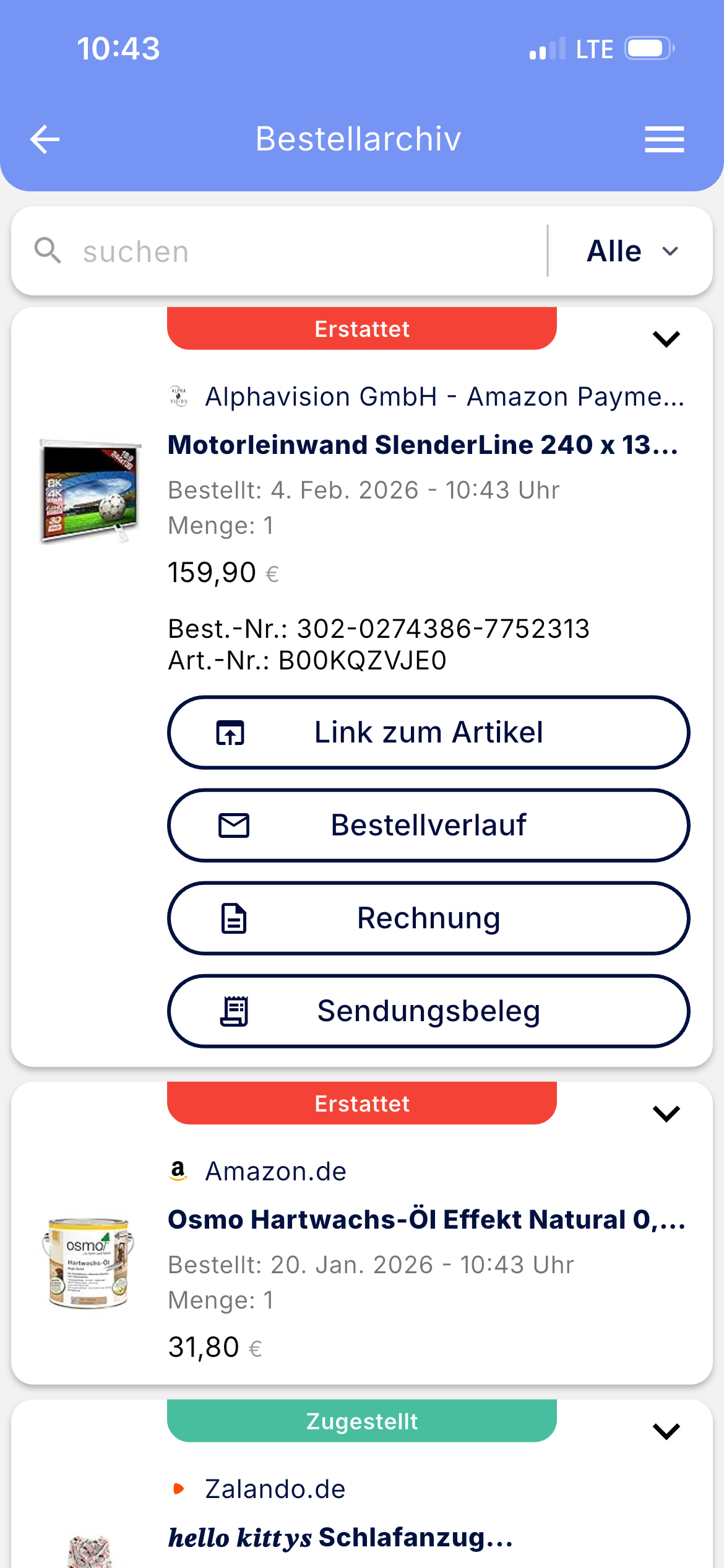 Bestellarchiv in der App